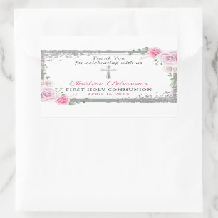Sticker Rectangulaire Argent rose Floral Premier Saint Communion Merci