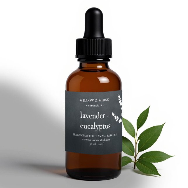 Sticker Rectangulaire Aromathérapie artisanale Essential Oil Noir Blanc (essential oil bottle label black botanical custom packaging artisan maker business gifting christmas)