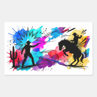 Sticker Rectangulaire Art aquarelle coloré de cow-boys du Far West