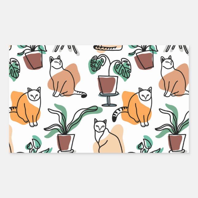 Sticker Rectangulaire Art de trait dessin chats et fleurs (Devant)