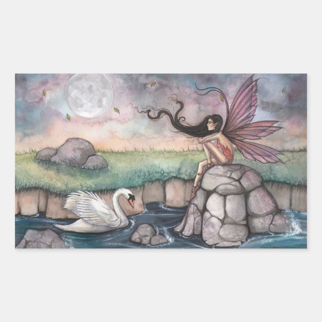 Sticker Rectangulaire Art fantastique de fée gothique et de cygne (Devant)