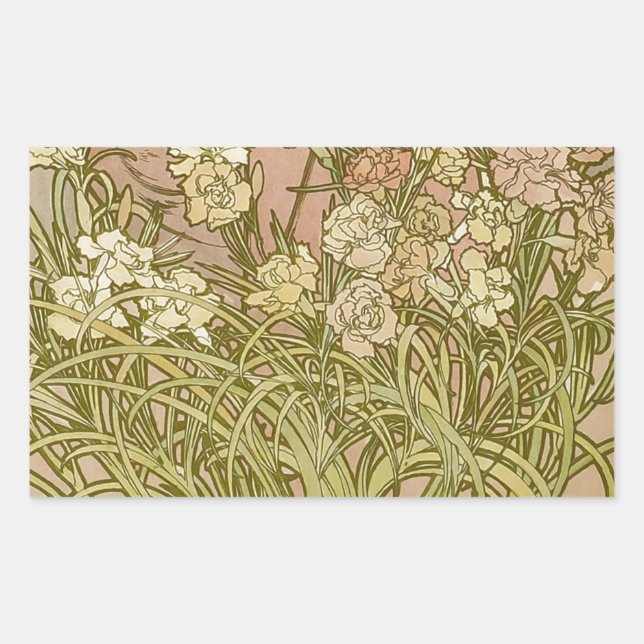 Sticker Rectangulaire Art Nouveau Alfonse Mucha fleurs d'oeillets floral (Devant)