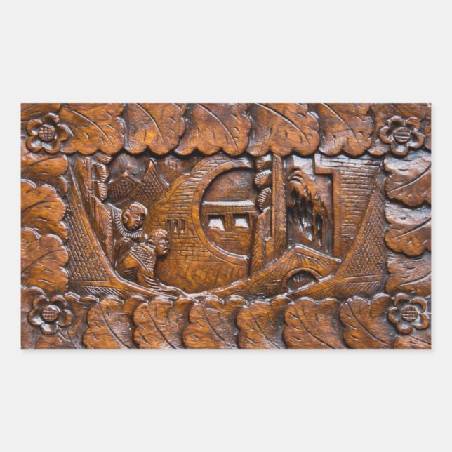 Sticker Rectangulaire Aspect oriental en bois sculpté (Devant)