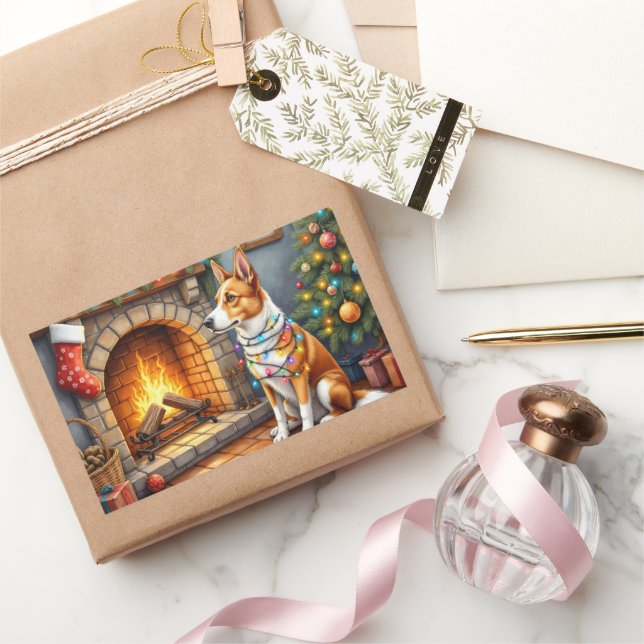 Sticker Rectangulaire Australian Kelpie Fireplace with Christmas Lights (Cadeaux)