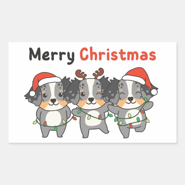 Sticker Rectangulaire Australian Shepherd Joyeux Chiens de Noël (Devant)