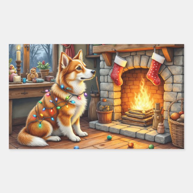 Sticker Rectangulaire Azawakh Sitting by Fireplace with Christmas Lights (Devant)