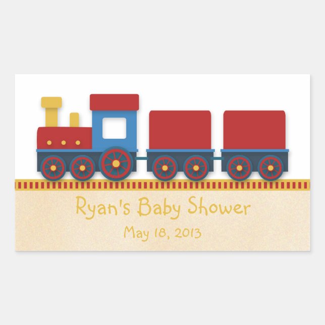 Sticker Rectangulaire Baby Boy Shower : Train Jaune, Rouge & Bleu (Devant)