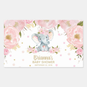 Sticker Rectangulaire Baby shower d'éléphant rose floral mou