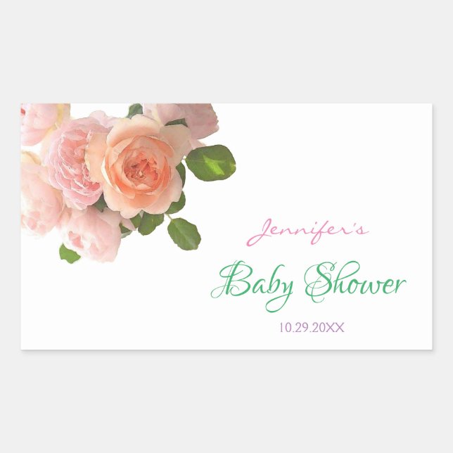 Sticker Rectangulaire Baby shower Roses  d'aquarelle Modèle manuscrit (Devant)