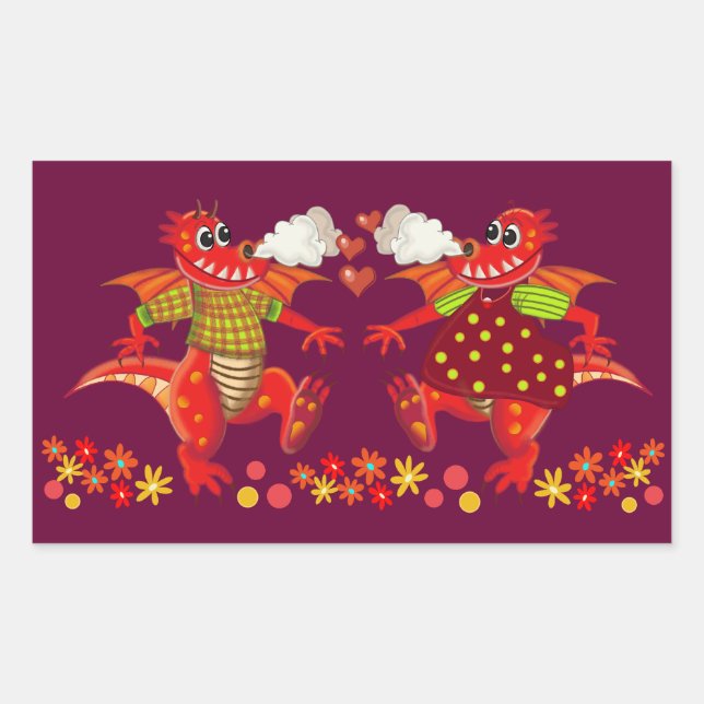 Sticker Rectangulaire Baguette romantique mignonne avec des dagons en Am (Devant)