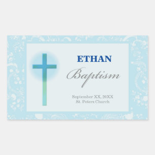 Sticker Rectangulaire Baptême de garçon au dentelle bleue