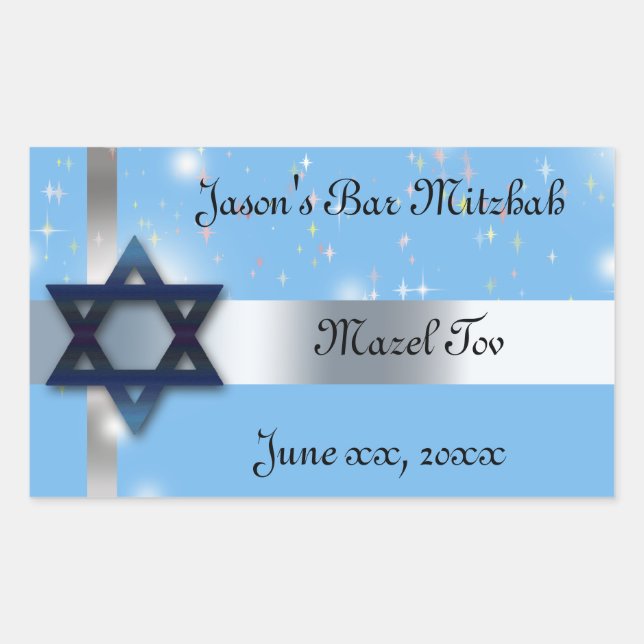 Sticker Rectangulaire Bar Mitzvah, Etoile de David, Bleu et Argent (Devant)