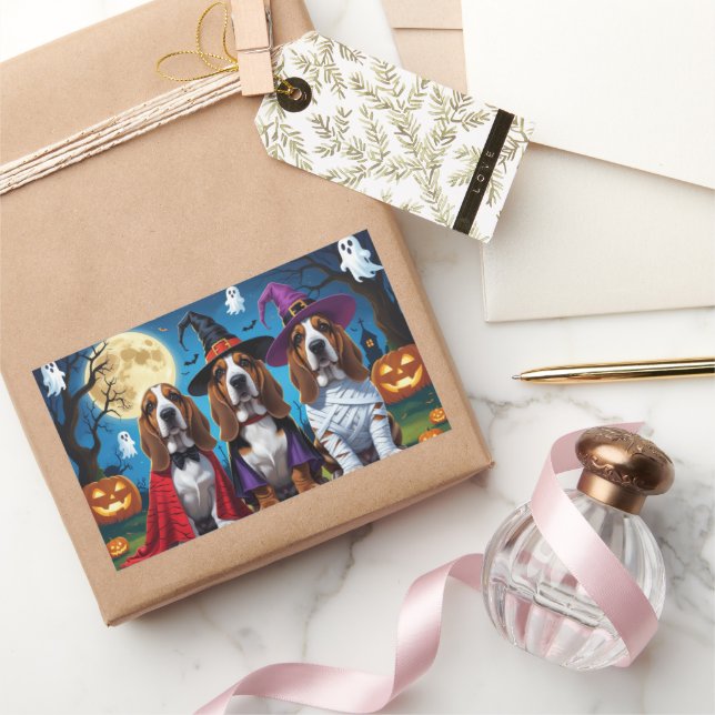 Sticker Rectangulaire Basset Hound Chiens Citrouille Halloween Funny (Cadeaux)