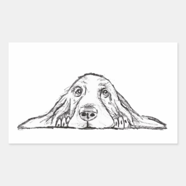 Sticker Rectangulaire basset hound noir blanc yeux de chiot simple  (Devant)