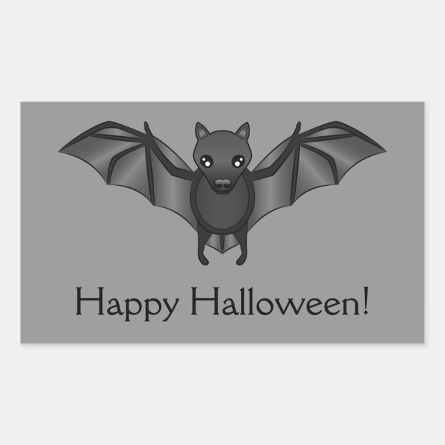 Sticker Rectangulaire Bat Cartoon Mignonne Avec Joyeux Texte D'Halloween (Devant)