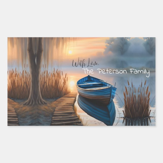 Sticker Rectangulaire Bateau bleu rustique Matin Sky réflexion (Devant)