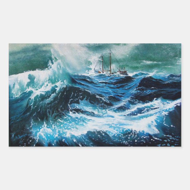 Sticker Rectangulaire Bateau dans la mer dans la tempête (Devant)