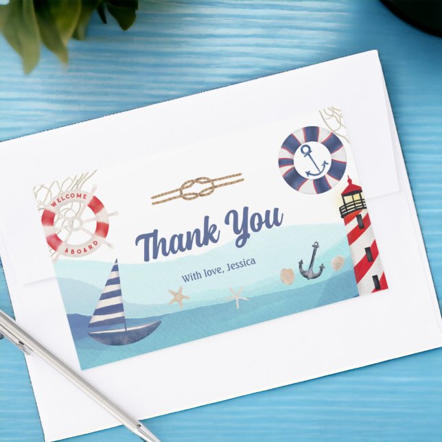 Sticker Rectangulaire Bateau nautique phare bleu rouge merci (Nautical boat lighthouse blue red thank you rectangular sticker)