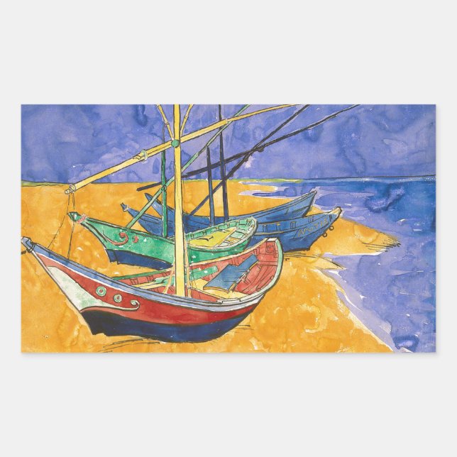 Sticker Rectangulaire Bateaux de Van Gogh Impressionnisme Plage (Devant)
