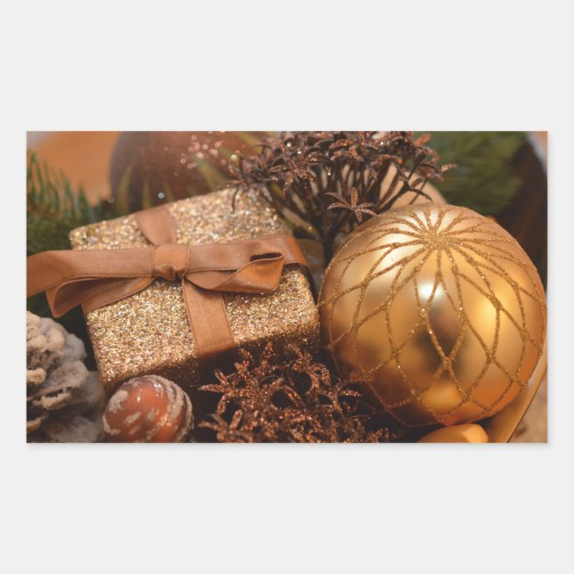 Sticker Rectangulaire Bauble d'or et cadeau de Noël (Devant)