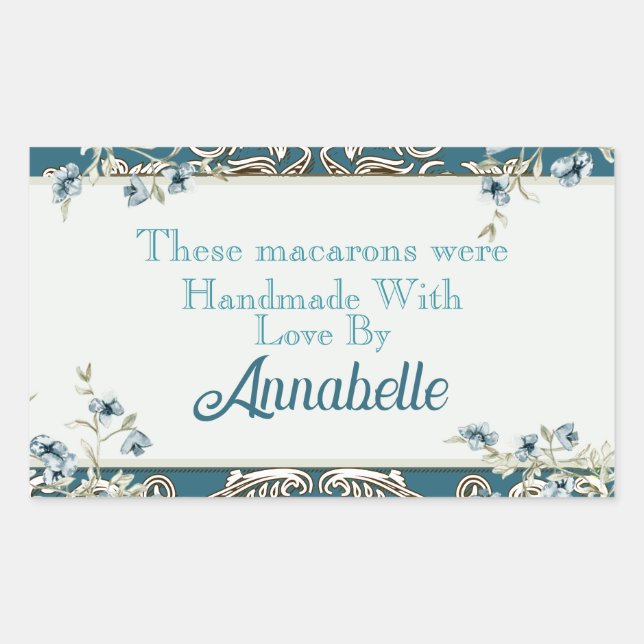 Sticker Rectangulaire Beau bleu floral fait main Macaron Cookie (Devant)