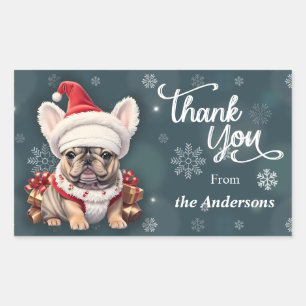 Sticker Rectangulaire Beau Chien à taureaux français Santa Hat Merci Noë