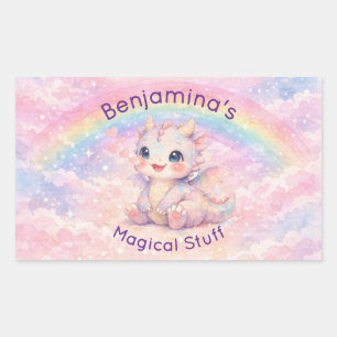 Sticker Rectangulaire Bébé Dragon Arc-en-ciel Magique Cœurs Fille Rose