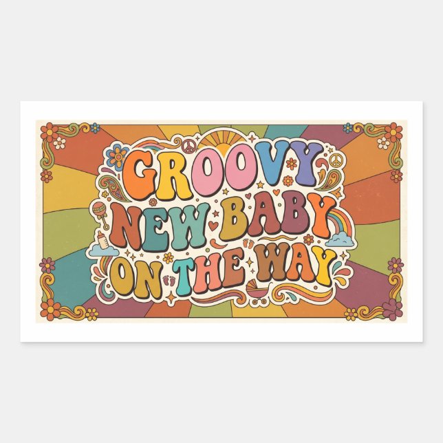 Sticker Rectangulaire Bébé Groovy en Route Rétro Soleil  (Devant)