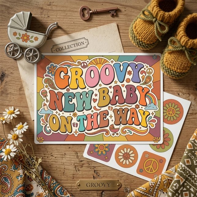 Sticker Rectangulaire Bébé Groovy en Route Rétro Soleil  (Créateur téléchargé)