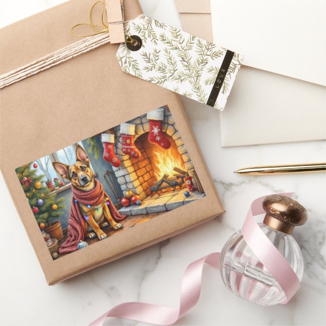 Sticker Rectangulaire Belgian Malinois Fireplace with Christmas Lights (Cadeaux)