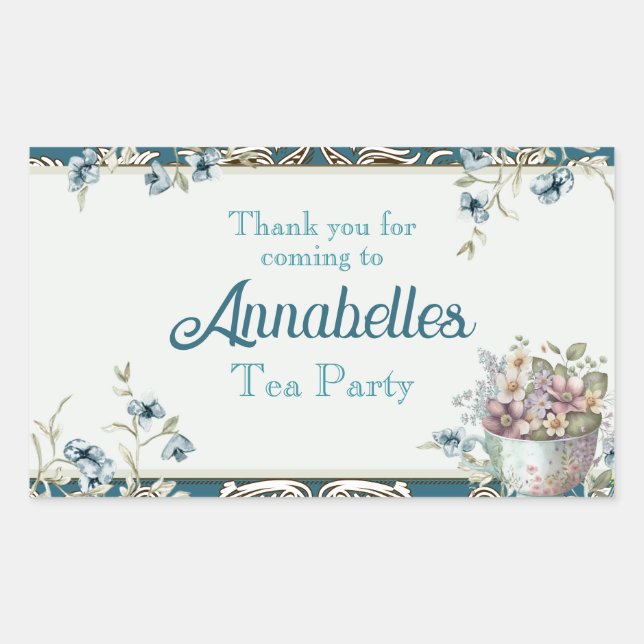 Sticker Rectangulaire Belle Aquarelle Bleue Fleur Tea Party (Devant)