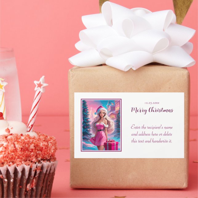 Sticker Rectangulaire Belle fille de Noël rose 01 (Fête)