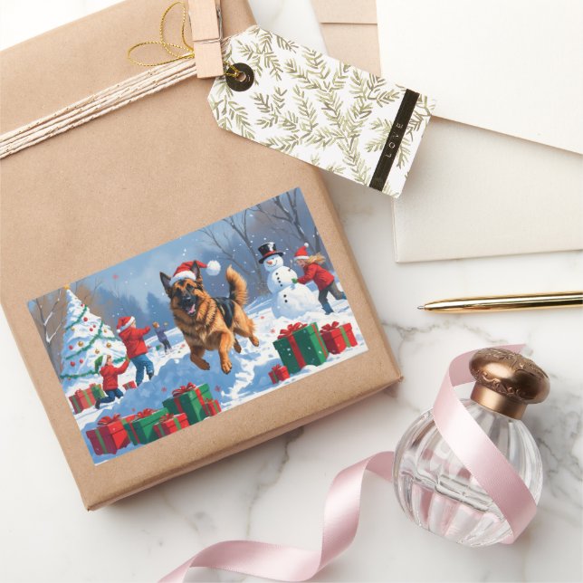 Sticker Rectangulaire Berger allemand courant dans la neige avec Casquet (Cadeaux)