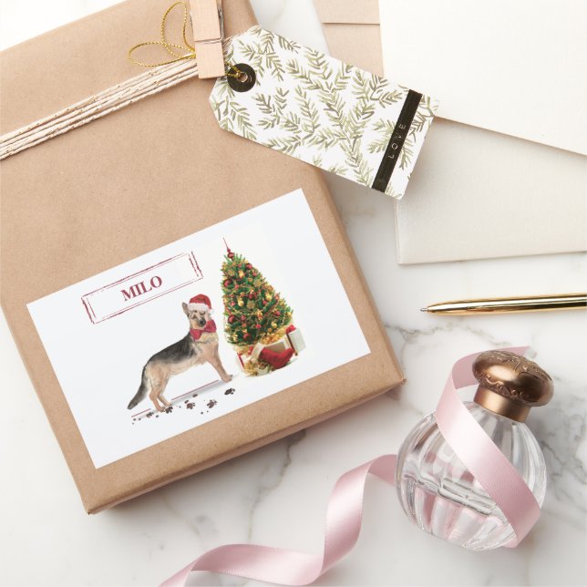 Sticker Rectangulaire Berger allemand drôle Chien de Noël avec arbre (Cadeaux)