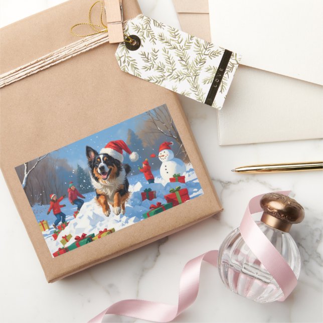 Sticker Rectangulaire Berger belge Scène de neige festive de Noël (Cadeaux)