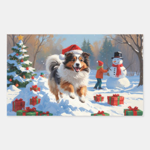 Sticker Rectangulaire Berger des Shetland courant dans la neige avec un