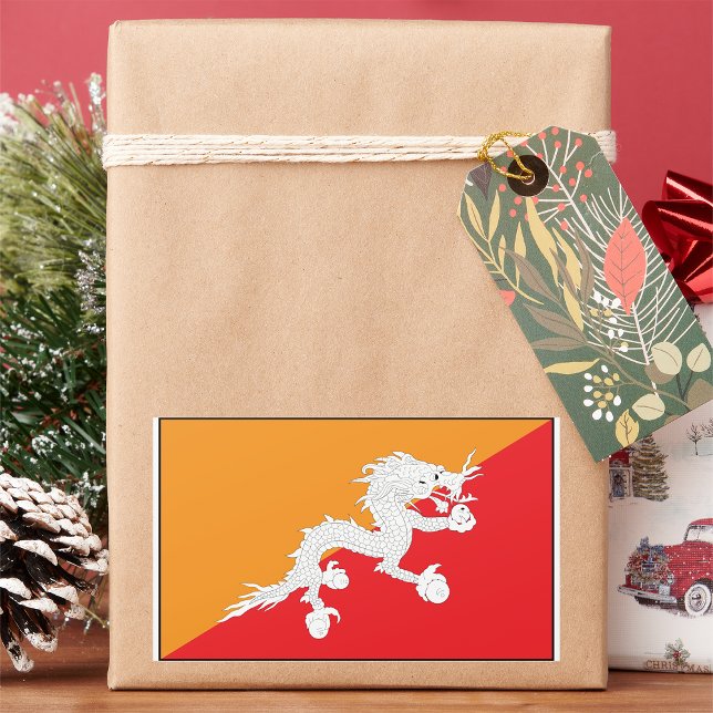 Sticker Rectangulaire Bhoutan Drapeau design avec Dragon Blanc (Créateur téléchargé)