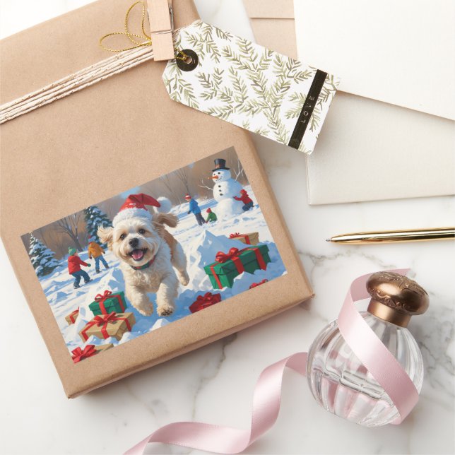 Sticker Rectangulaire Bichon Frise Noël Festive Scène de neige (Cadeaux)