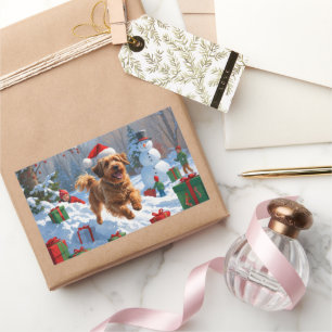 Sticker Rectangulaire Bichon Havanais courant dans la neige avec un chap