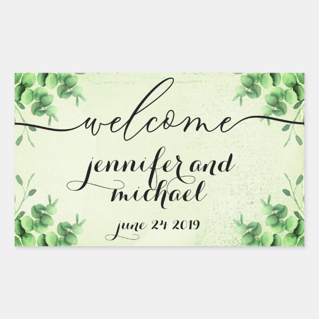 Sticker Rectangulaire Bienvenue Calligraphie Eucalyptus Botanique Vert (Devant)