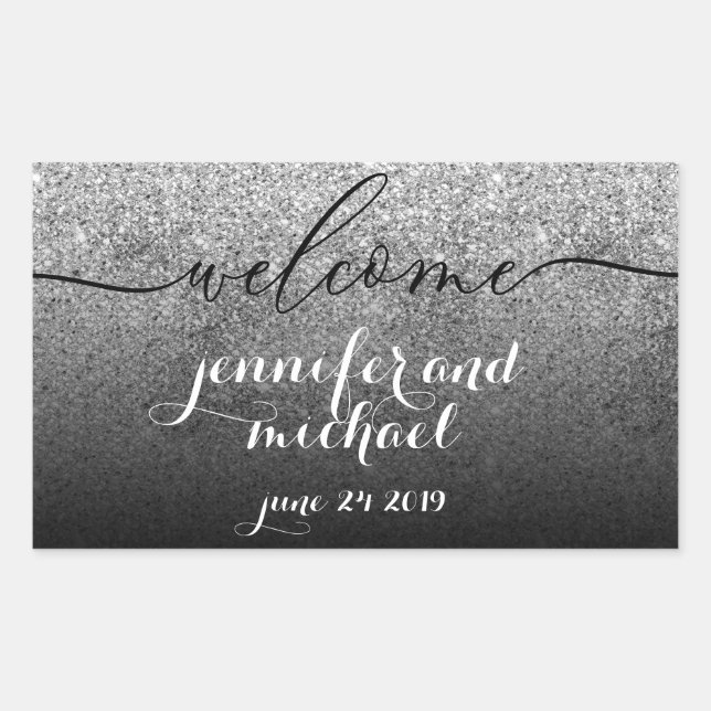 Sticker Rectangulaire Bienvenue Calligraphie Paillettes Argent (Devant)