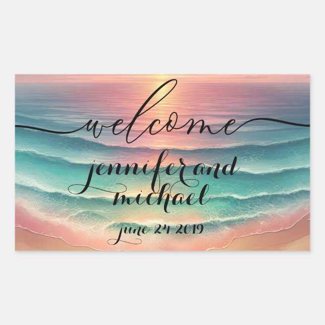Sticker Rectangulaire Bienvenue Ocean Beach Aquarelle Mer Soleil (Devant)