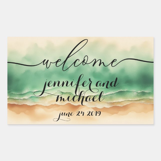 Sticker Rectangulaire Bienvenue Ocean Beach Aquarelle Verdure (Devant)