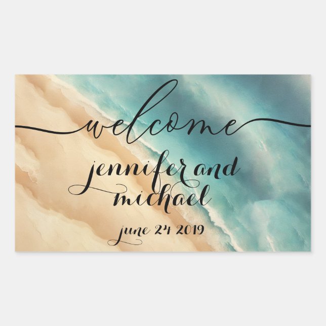 Sticker Rectangulaire Bienvenue Ocean Beach Bleu Aquarelle (Devant)
