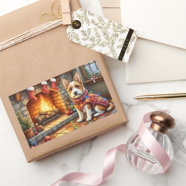 Sticker Rectangulaire Biewer Terrier Fireplace with Christmas Lights (Cadeaux)