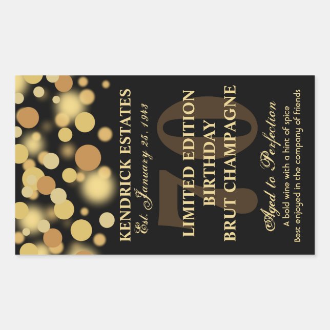 Sticker Rectangulaire Black Gold Champagne Bubbles Birthday Label 750ml (Devant)