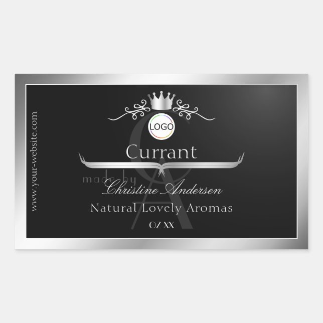 Sticker Rectangulaire Black Product Label Silver Frame Logo and Monogram (Devant)