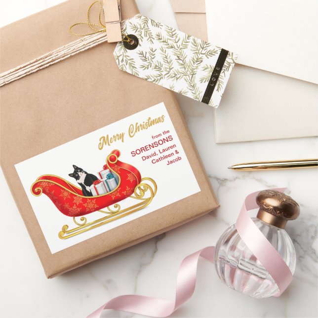 Sticker Rectangulaire Black White Chat Noël Cadeau Sleigh (Cadeaux)