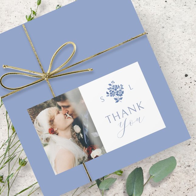 Sticker Rectangulaire BLANCHE | Mariage floral bleu Monogramme Merci (Créateur téléchargé)