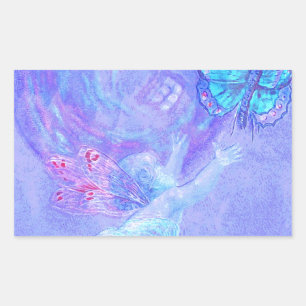 Sticker Rectangulaire Bleu - ange chassant des papillons